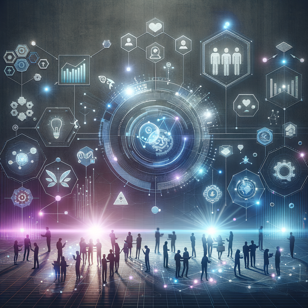 Ilustração de equipe colaborativa em ambiente digital com elementos visuais de cultura organizacional tech e transformação digital em startups, em estilo moderno e minimalista.