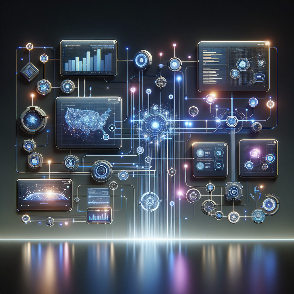 Dashboard futurista com módulos conectados por linhas luminosas, representando fluxos de decisão e automação ética em sistemas inteligentes, com iluminação tecnológica em azul e roxo.