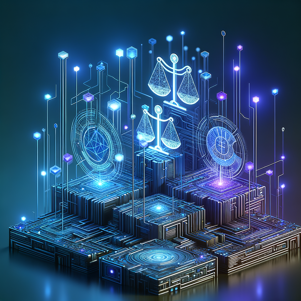 Rede digital abstrata em camadas com pontos luminosos e ícones de balança e escudo, simbolizando governança e responsabilidade ética em inteligência artificial, em tons de azul e roxo.