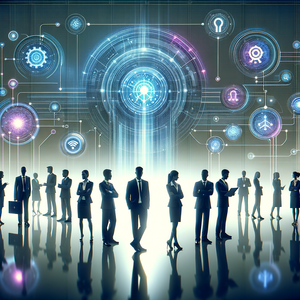 Equipe empresarial analisando tela holográfica com processos automatizados e conexões de IA, destacando cultura organizacional e capacitação tecnológica.