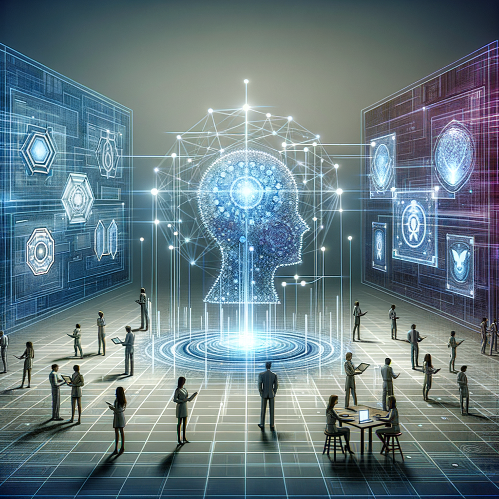 Equipe colaborativa interagindo com telas digitais holográficas mostrando sistemas inteligentes e plataformas no-code e low-code, em ambiente moderno com iluminação azulada e roxa.