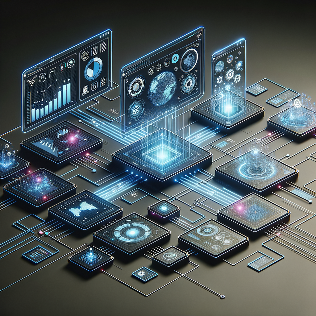 Dashboard digital futurista com módulos conectados por fluxos luminosos e gráficos, ilustrando processos automatizados e inteligência artificial em ambientes tecnológicos modernos.