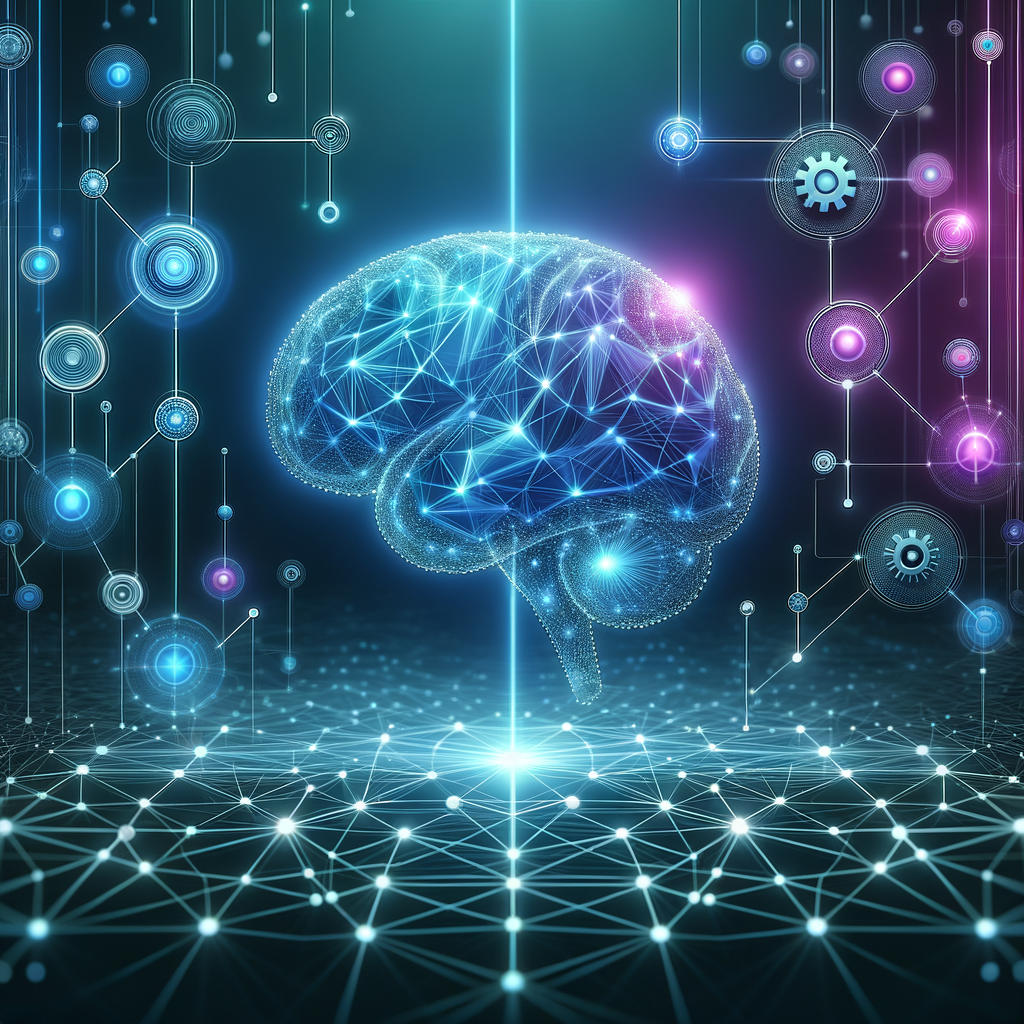 Rede tecnológica abstrata com nós conectados e um cérebro humano iluminado ao centro, simbolizando a colaboração entre criatividade humana e automação em ambientes digitais.