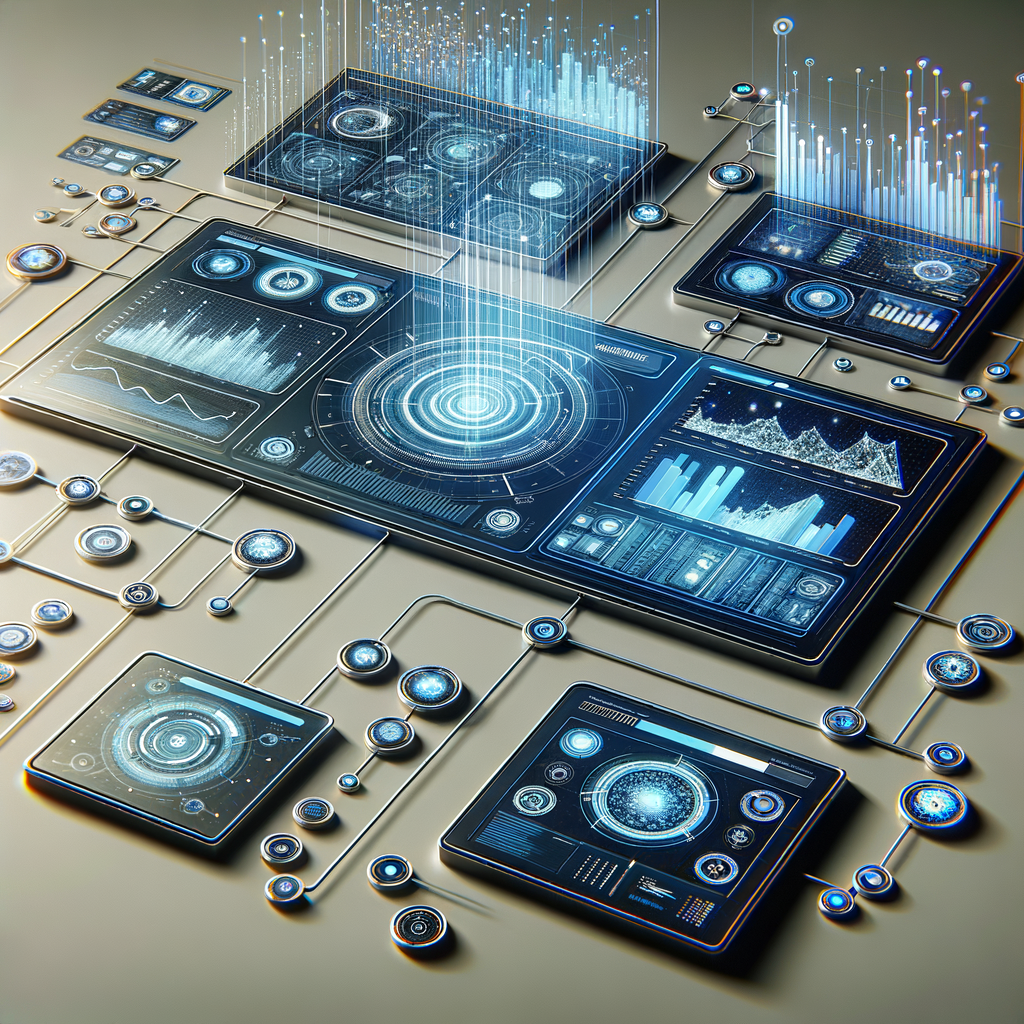 Dashboard digital futurista com módulos interligados exibindo gráficos e fluxos de decisão em uma interface tecnológica moderna, simbolizando supervisão ética e autonomia em IA.