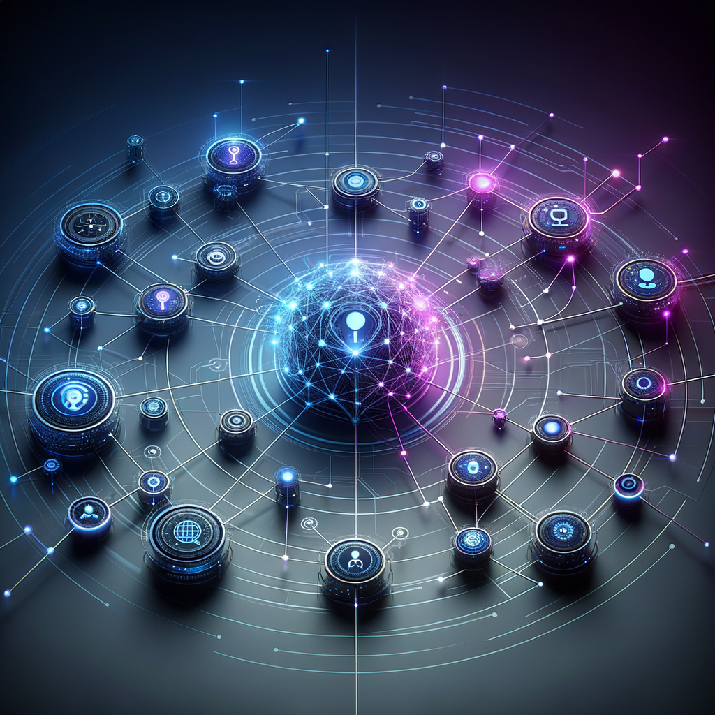 Rede inteligente de agentes autônomos conectados por linhas brilhantes em tons azulados, representando a autonomia tecnológica e ética em sistemas de IA.