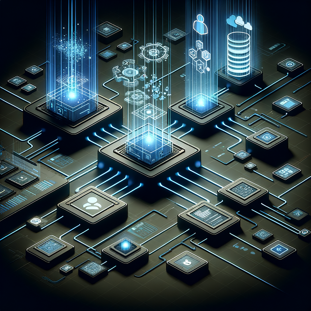 Fluxo visual de automação entre sistemas integrados, com conexões luminosas e módulos digitais estilizados em azul, ciano e roxo sobre fundo escuro, simbolizando processos inteligentes e monitorados.
