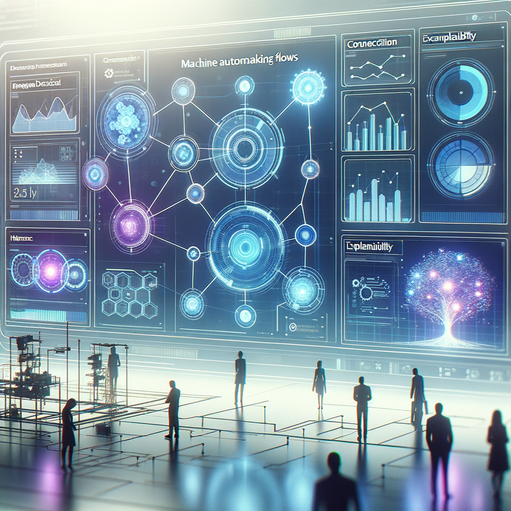 Painel digital futurista apresentando fluxos de automação e decisões de agentes inteligentes com interfaces em azul e roxo, mostrando integração humana e transparência no processo.