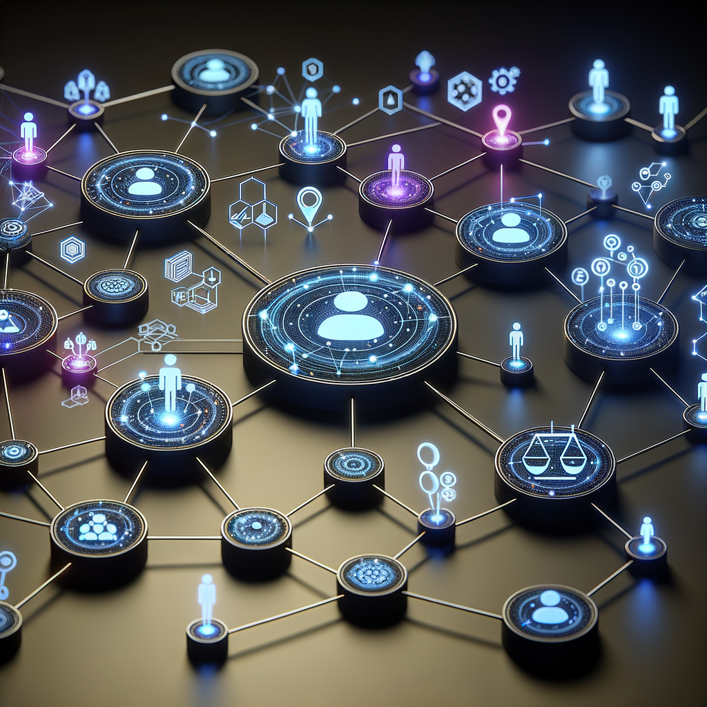 Rede inteligente conectando setores empresariais e sociais com ícones de ética e governança, em azul, ciano e grafite, ilustrando o impacto social da automação responsável.