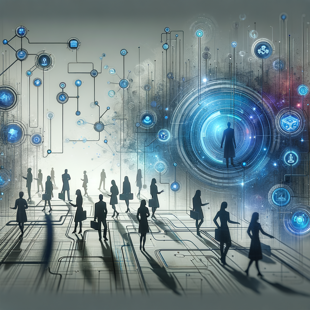 Equipe colaborando em ambiente digital futurista com redes inteligentes e automação orientada por IA em tons de azul, ciano e roxo.