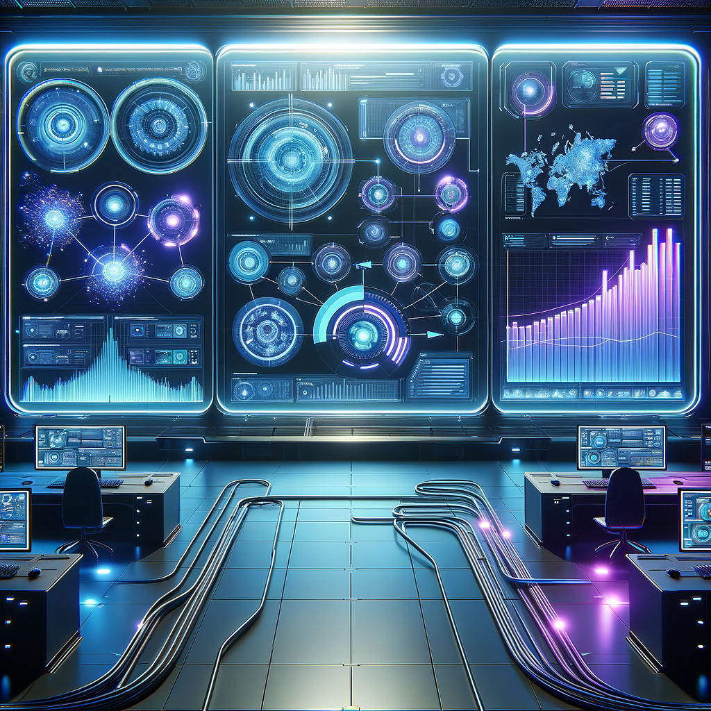 Dashboard digital futurista exibindo monitoramento em tempo real de processos automatizados e identificação de gargalos, com gráficos em azul, ciano e roxo dentro de uma interface tecnológica minimalista.