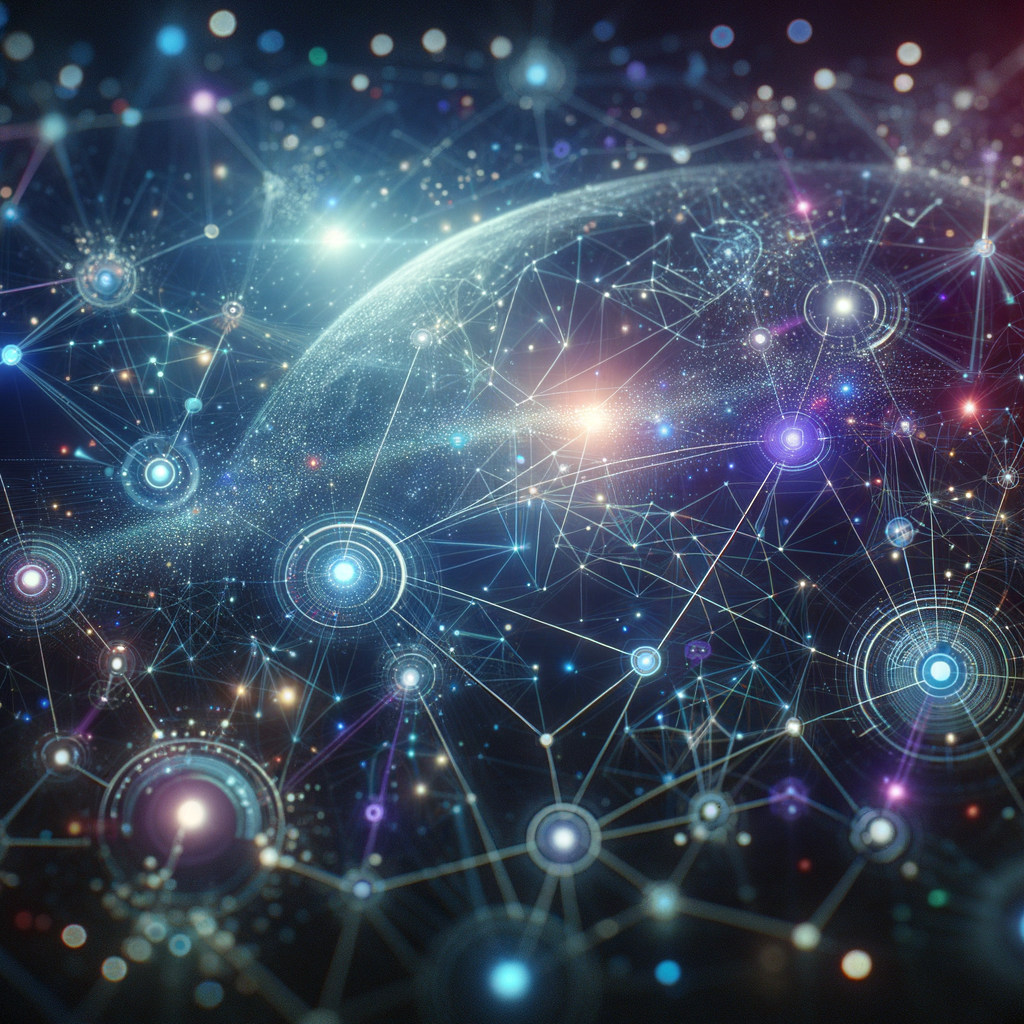 Rede abstrata de agentes inteligentes conectados por linhas luminosas em tons de azul, ciano e roxo, simbolizando integração e desafios na automação avançada.