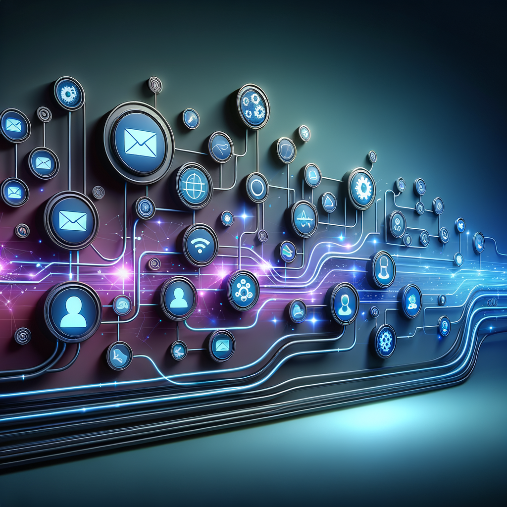 Fluxo de processos automatizados em marketing digital ilustrado por módulos conectados por linhas luminosas, representando automação e integração de sistemas.