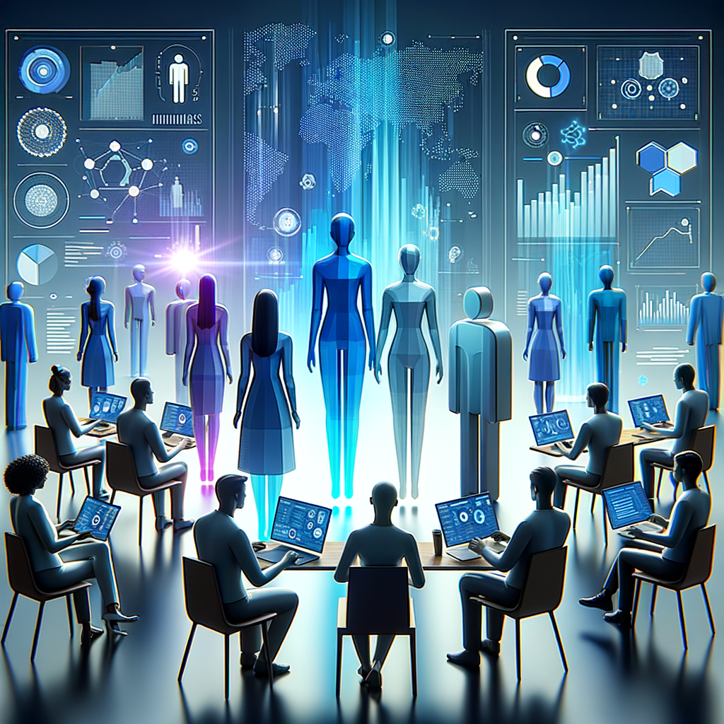 Equipe colaborando com dashboards digitais e ferramentas de inteligência artificial, ilustrando a integração entre equipes humanas e automação no marketing digital.