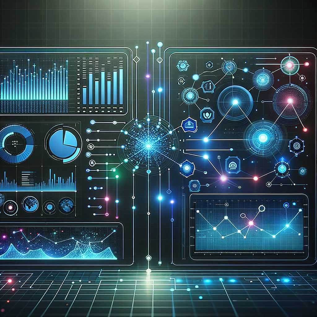 Painel digital com gráficos e conexões luminosas em azul e roxo ilustrando automação de processos e inteligência artificial aplicada à tomada de decisão corporativa.
