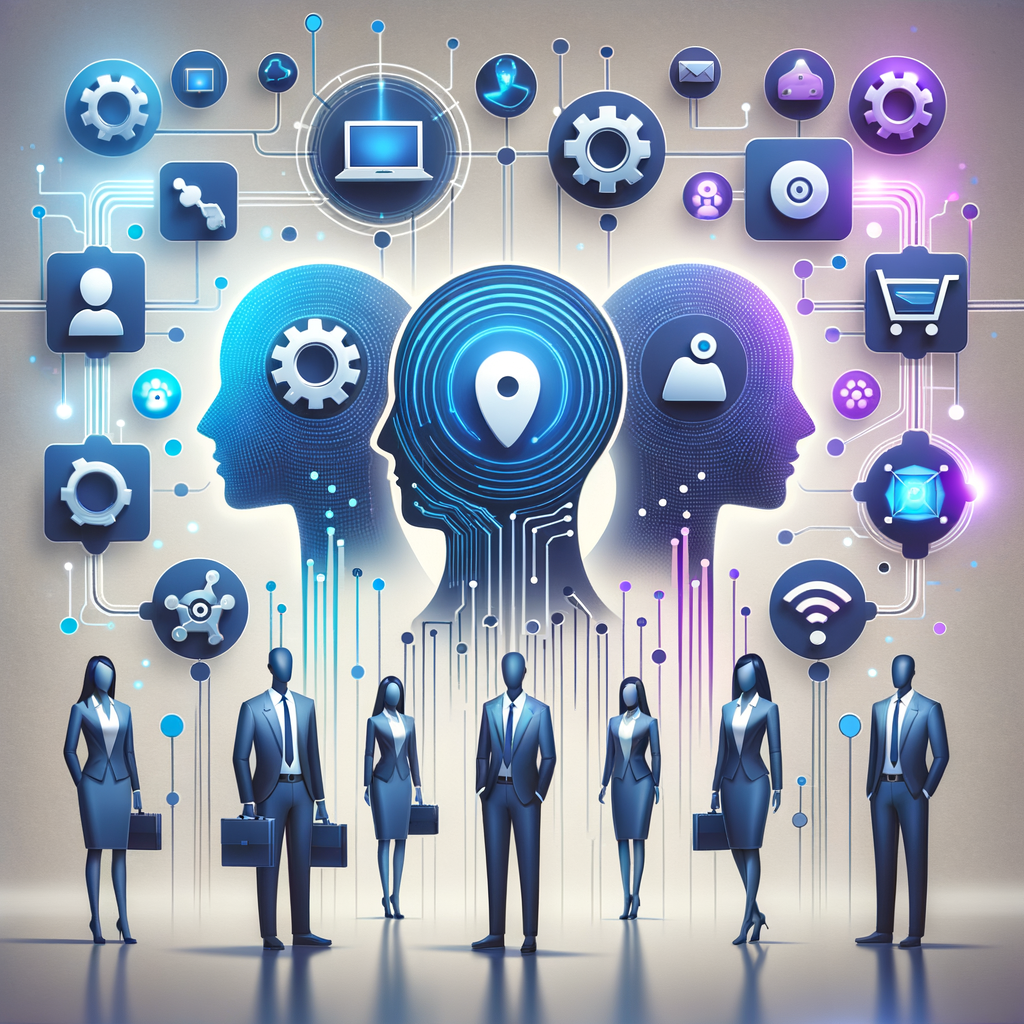 Ícones de uma equipe colaborando com dispositivos digitais conectados a sistemas de inteligência artificial, ilustrando inclusão tecnológica e preparo para automação no trabalho.