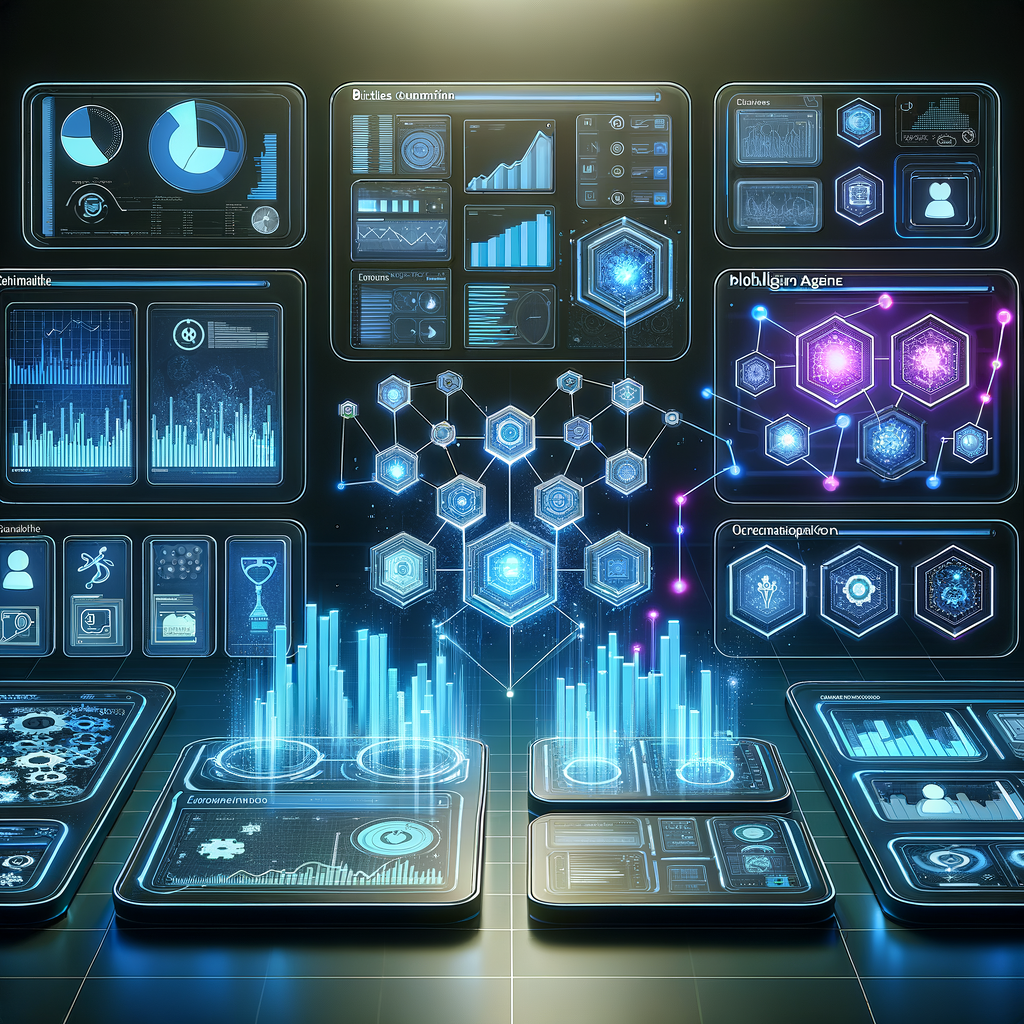 Dashboard digital moderno mostrando fluxos e conexões de agentes inteligentes modulares em automação empresarial, com gráficos e indicadores em tons azuis e roxos.