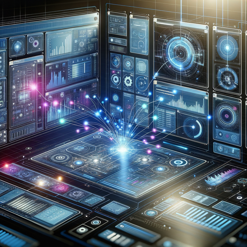 Dashboard digital futurista com gráficos e conexões representando integração de sistemas e dados para personalização eficiente de agentes inteligentes