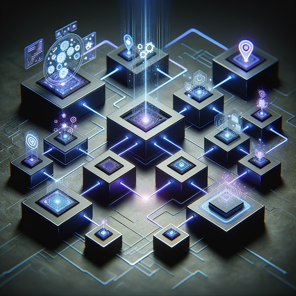 Fluxo digital de automação inteligente com módulos interconectados em azul e ciano, representando estratégias para personalização eficiente de agentes inteligentes