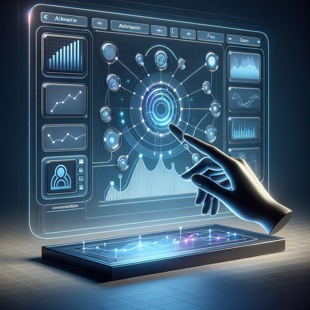 Dashboard digital interativo com fluxos de automação empresarial e supervisão humana, ilustrando a integração de tecnologia e intuição na tomada de decisão.