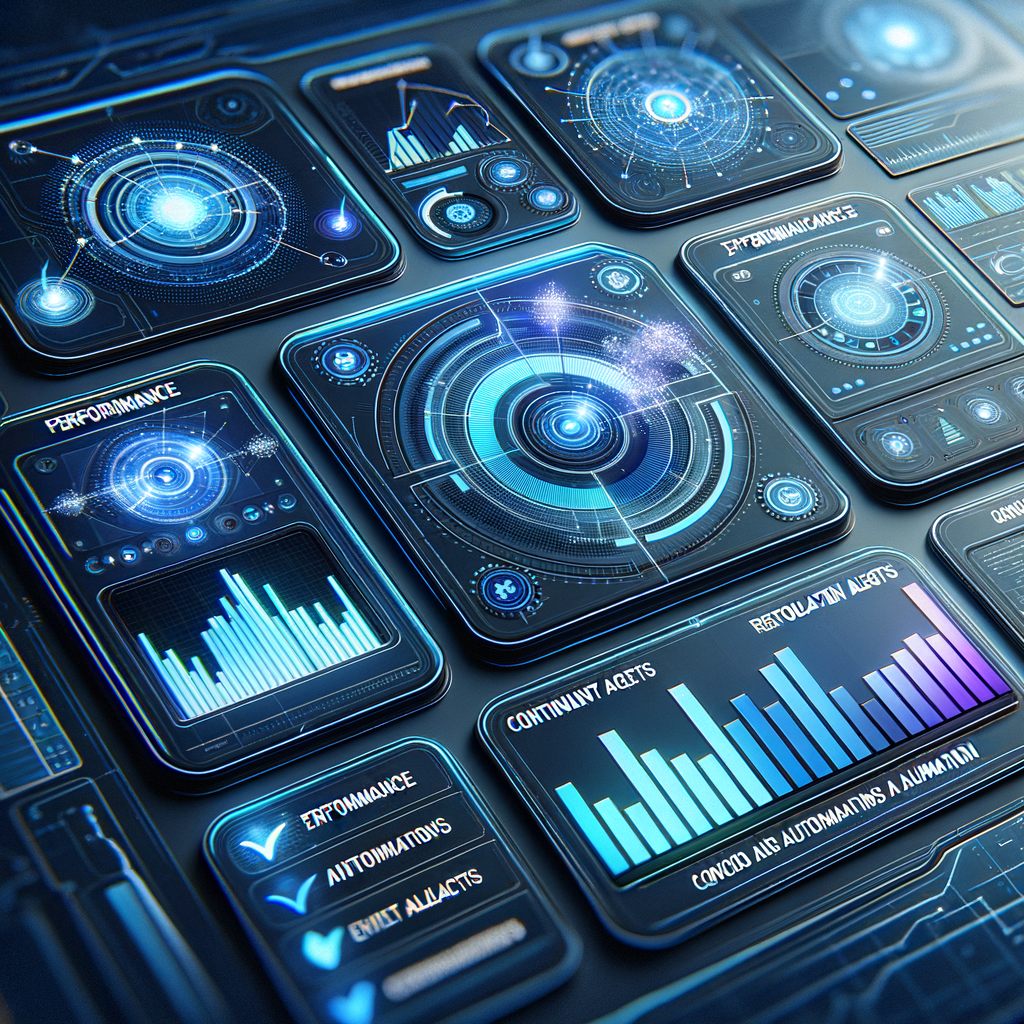 Dashboard digital com gráficos e alertas de eficiência e erros em automação de processos, ilustrando monitoramento e otimização de agentes inteligentes em ambiente tecnológico moderno.