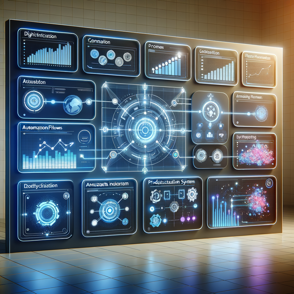 Dashboard futurista com fluxos de automação e indicadores de produtividade em tons de azul e roxo, ilustrando integração de agentes inteligentes em ambientes corporativos para otimizar processos.