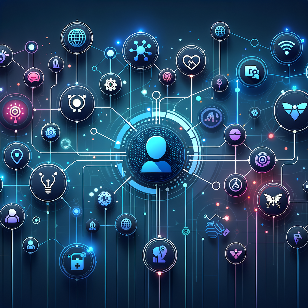 Rede digital conectando setores empresariais com um núcleo central de agente inteligente, em paleta azul e roxo, representando a transformação digital e automação em múltiplas indústrias.