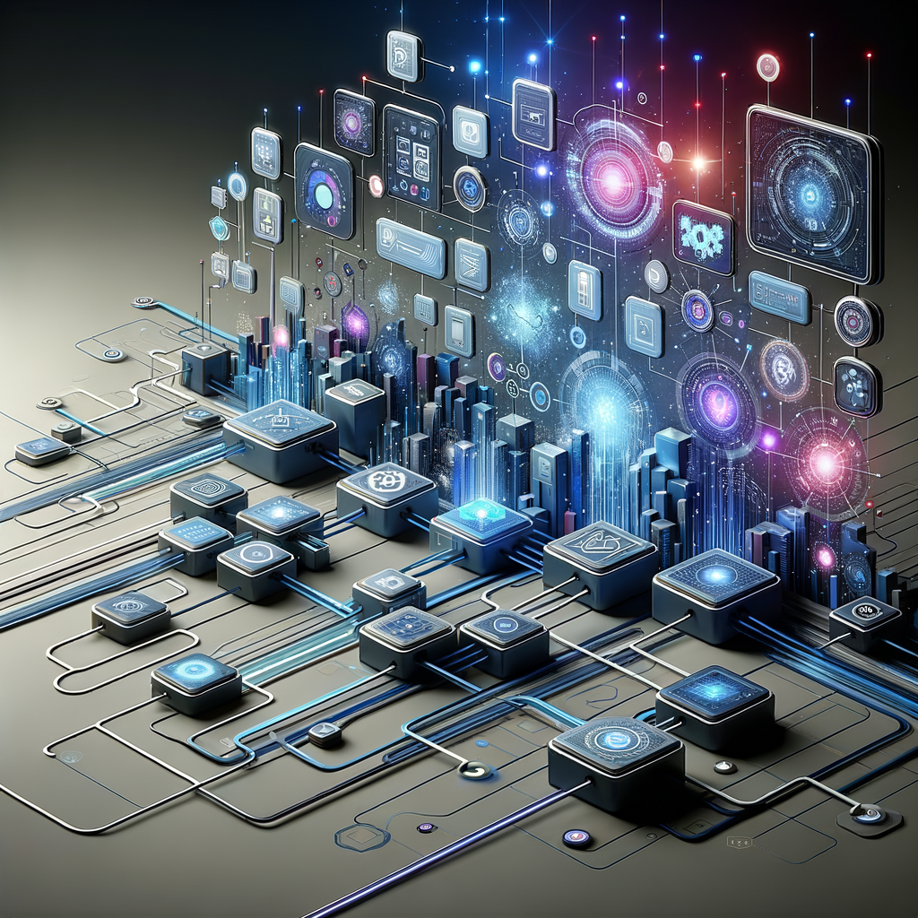 Dashboard digital minimalista com módulos interconectados que ilustram fluxos de automação e integração de sistemas empresariais em tons de azul, ciano e roxo, destacando eficiência e escalabilidade.