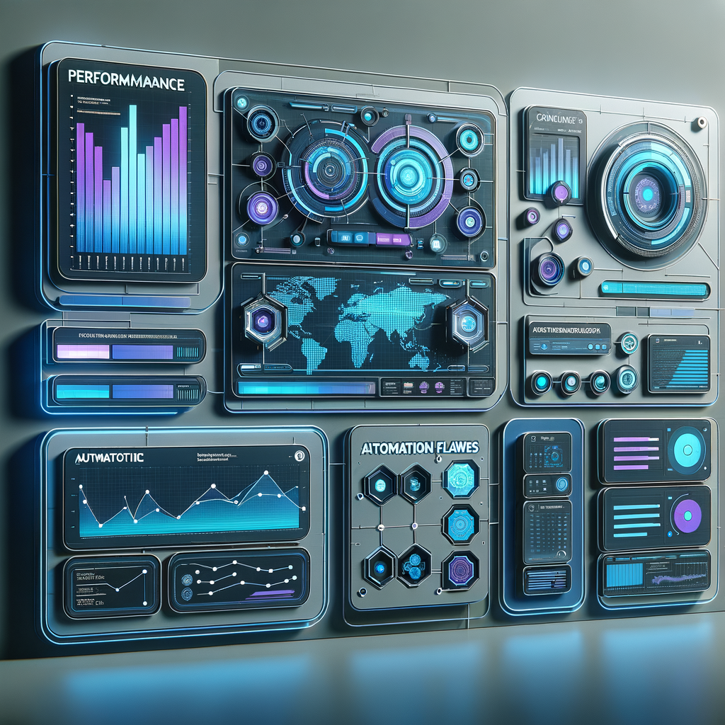 Dashboard digital futurista com painéis interativos e gráficos que ilustram automação inteligente e integração de ferramentas para startups.