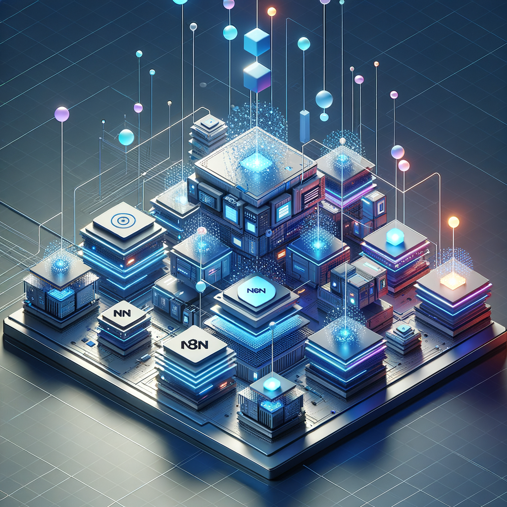 Arquitetura tecnológica isométrica mostrando redes inteligentes e conexões entre plataformas n8n, Supabase e Bubble, em uma paleta de azul, ciano e roxo, simbolizando integração e inovação digital.
