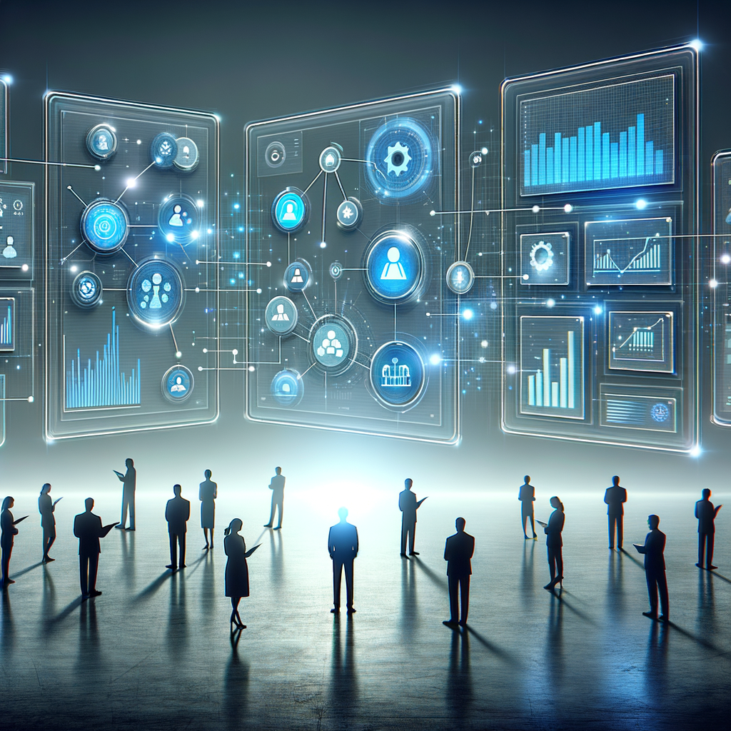 Profissionais interagindo com dashboards digitais e fluxos de trabalho automatizados em ambiente corporativo futurista, ilustrando adaptação e colaboração entre humanos e inteligência artificial.