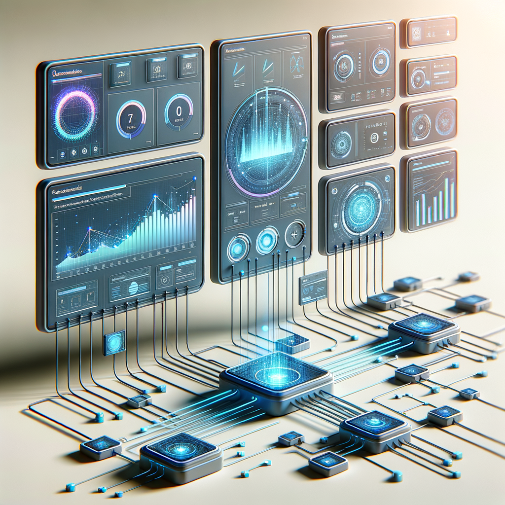 Dashboard minimalista mostrando gráficos de performance e fluxos automatizados com conexões iluminadas entre plataformas no-code em ambiente tecnológico moderno.