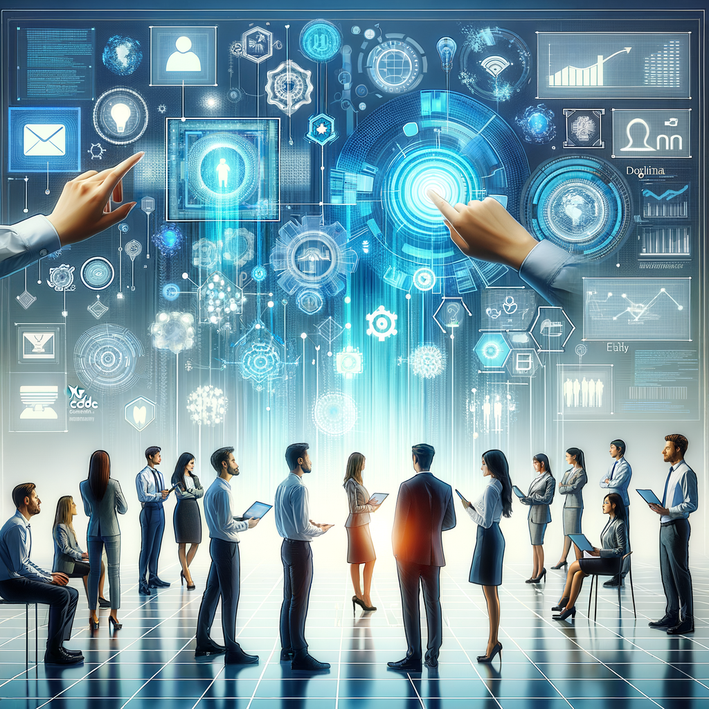 Equipe multidisciplinar colaborando com interfaces holográficas de integrações no-code e automações digitais em ambiente moderno e iluminado com tons azulados.