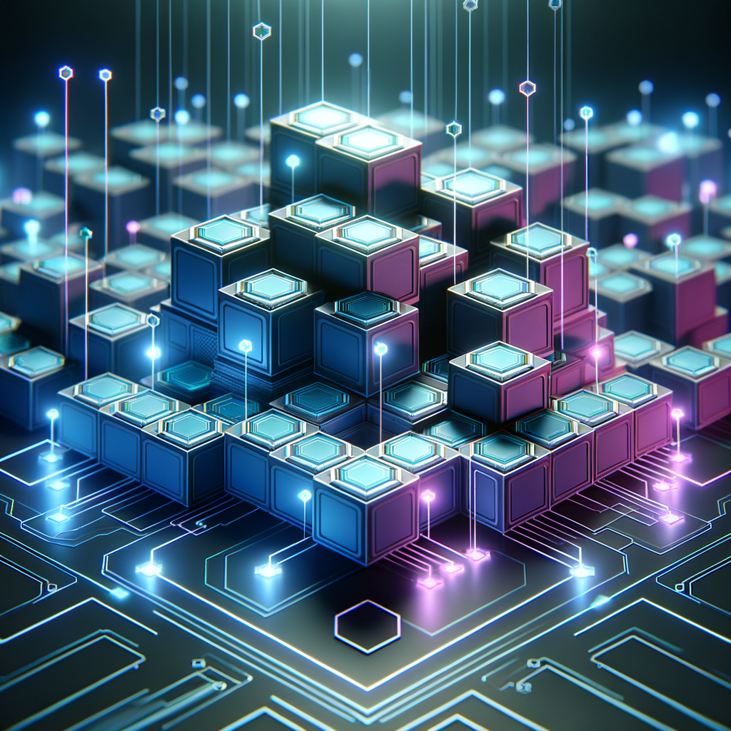 Arquitetura tecnológica modular com painéis hexagonais conectados por circuitos luminosos, representando integração e automação em startups de logística.