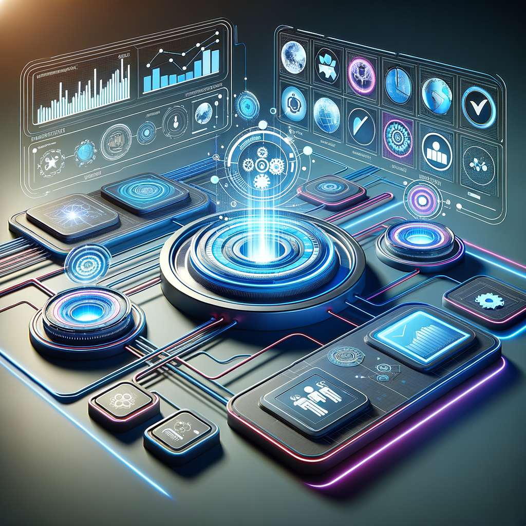 Dashboard digital futurista com módulos de monitoramento e ícones de planejamento e capacitação, simbolizando melhores práticas na automação empresarial