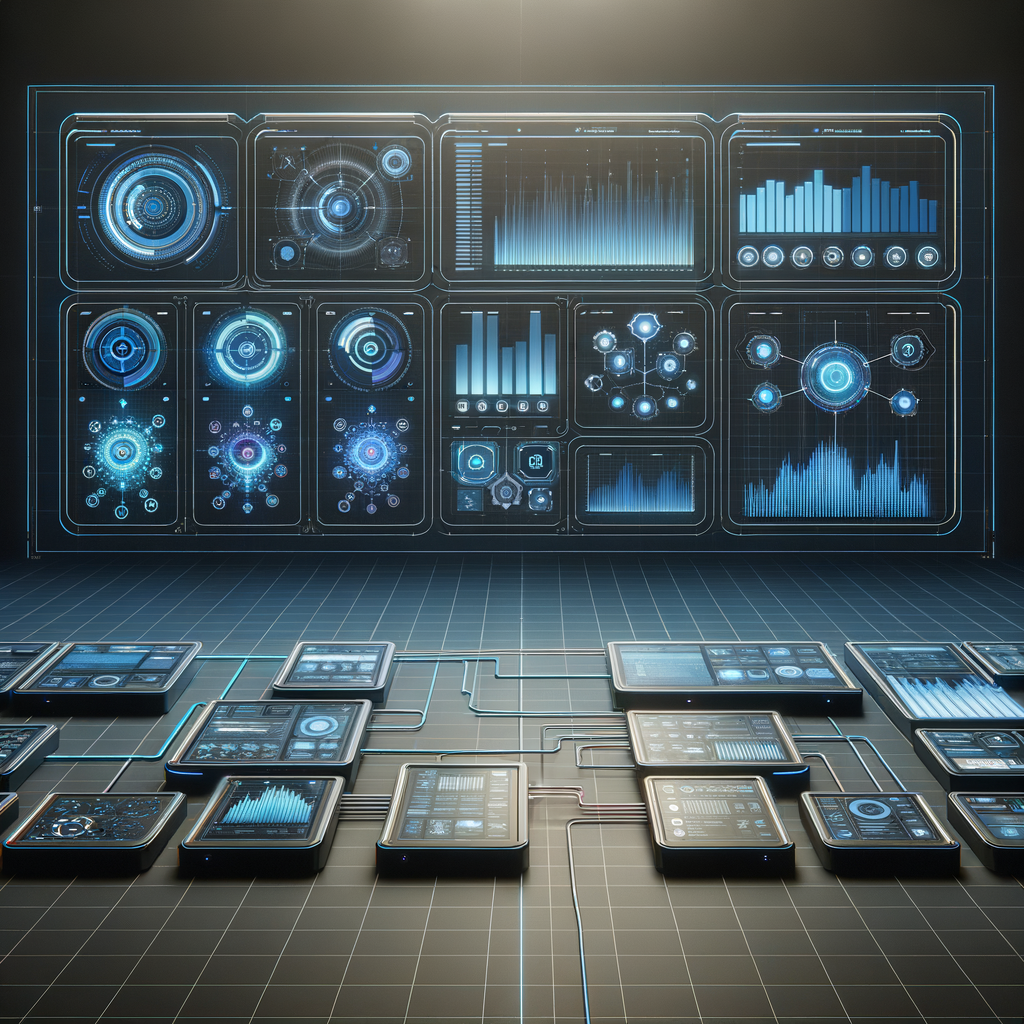 Dashboard digital moderno com módulos interativos e gráficos de produtividade em cores azul, ciano e roxo, representando monitoramento e otimização de fluxos automatizados em ambiente tecnológico minimalista.