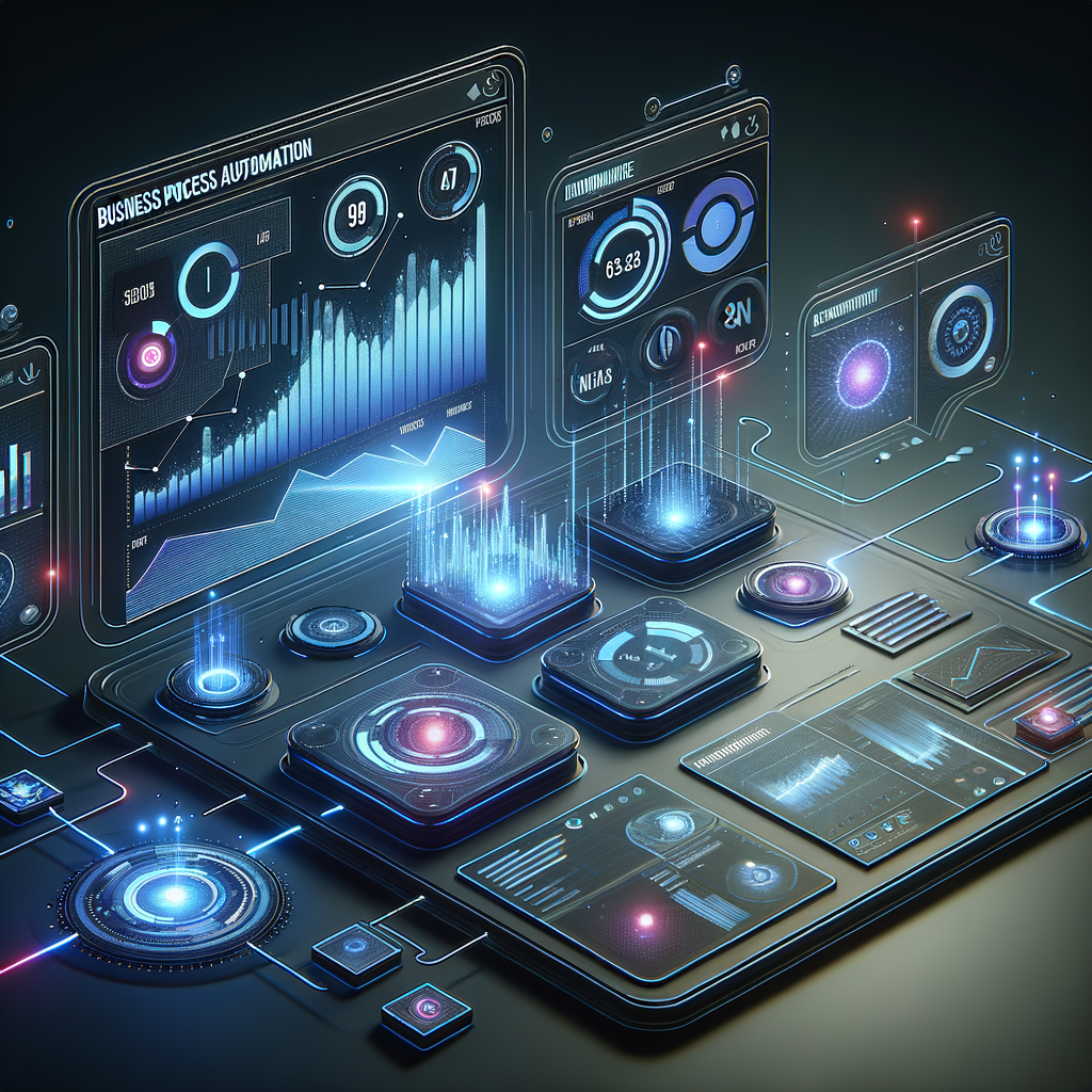 Dashboard digital moderno mostrando métricas e indicadores de desempenho para automação de processos empresariais, com conexões visuais entre ferramentas integradas em paleta azul e roxo sobre fundo escuro.