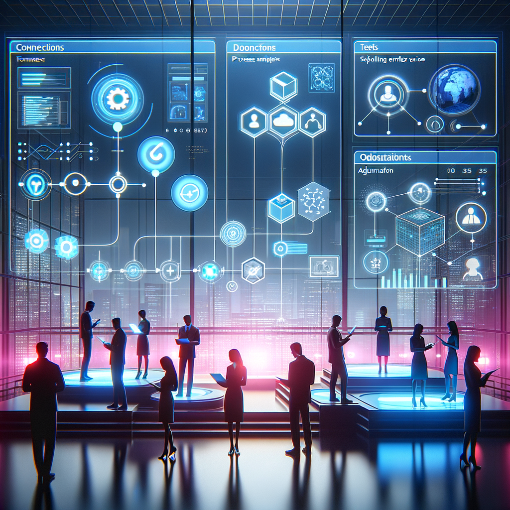 Profissionais colaborando com interfaces holográficas que mostram mapas de processos e fluxos automatizados em tons de azul e roxo, representando inovação e capacitação em automação empresarial.