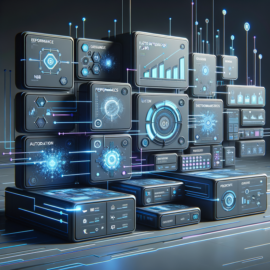 Dashboard digital futurista com módulos interconectados mostrando fluxos de automação personalizada, indicadores de desempenho e integrações tecnológicas para negócios digitais.