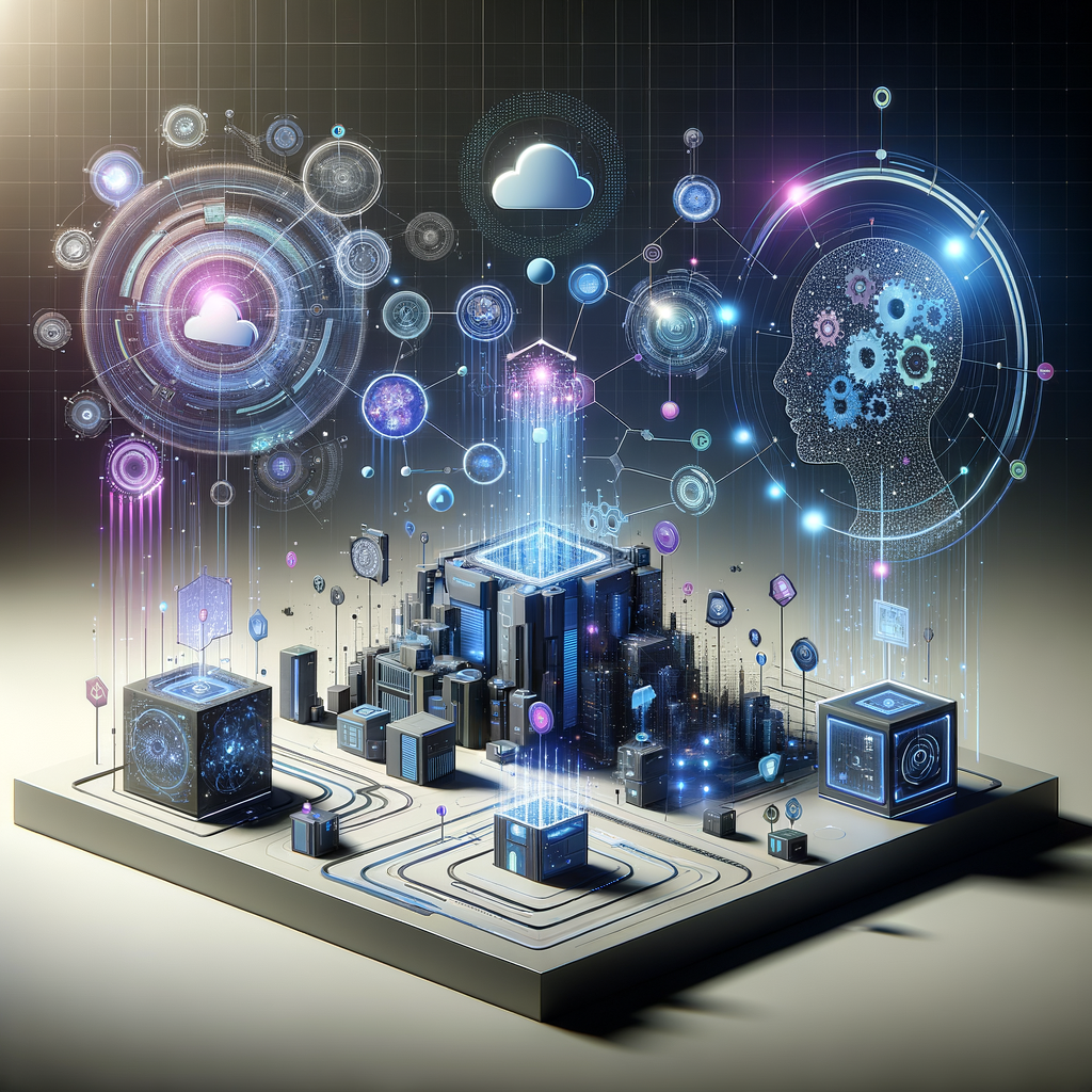 Visualização de arquitetura tecnológica com redes inteligentes e conexões de dados, simbolizando colaboração, treinamento e adoção de automação em empresas digitais.