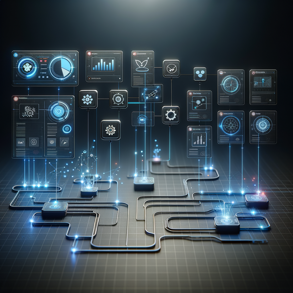 Dashboard digital moderno exibindo módulos interconectados com fluxos luminosos, gráficos de desempenho e ícones de ferramentas de automação, ilustrando planejamento e criação de fluxos automatizados.