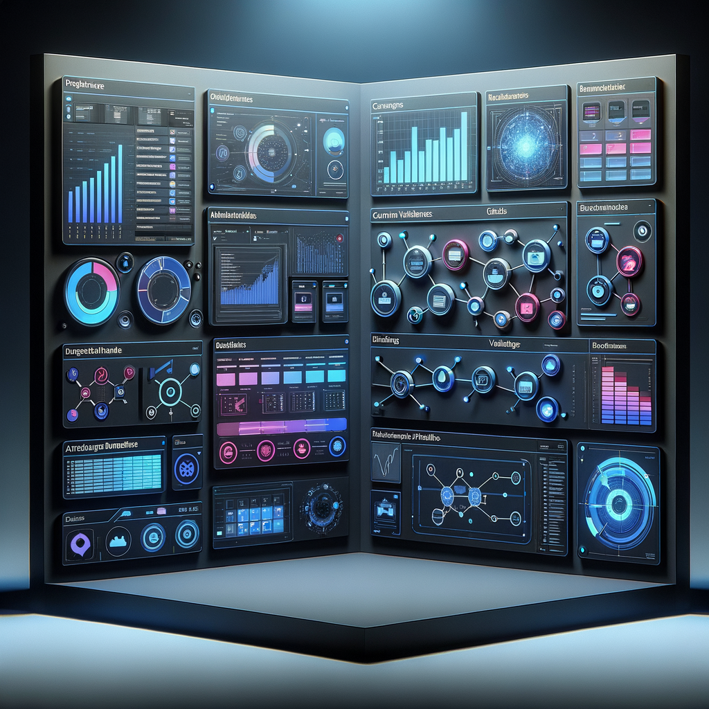 Dashboard digital moderno exibindo workflows, tabelas e interfaces integradas em n8n, Supabase e Bubble, ilustrando automação e desenvolvimento low code em ambiente tecnológico sofisticado.