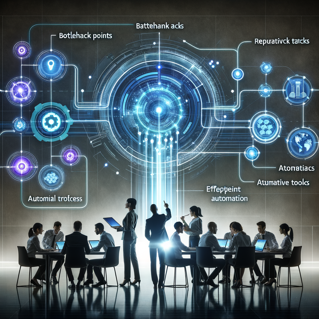Equipe profissional utilizando interface holográfica para mapear processos e identificar gargalos em fluxos automatizados, com destaque para ferramentas e integração, em ambiente digital moderno e minimalista.