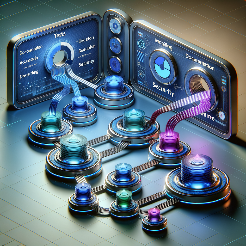 Fluxo visual de automação e monitoramento de integrações personalizadas com módulos conectados por linhas de dados luminosos, destacando segurança, testes e escalabilidade em ambiente digital sofisticado.