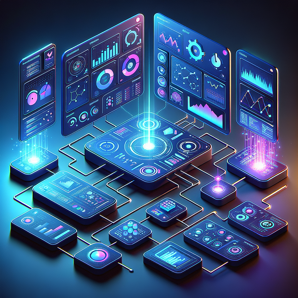 Painel digital futurista com dashboards e fluxos de automação empresarial em tons azuis e roxos, ilustrando transparência e governança na inteligência artificial