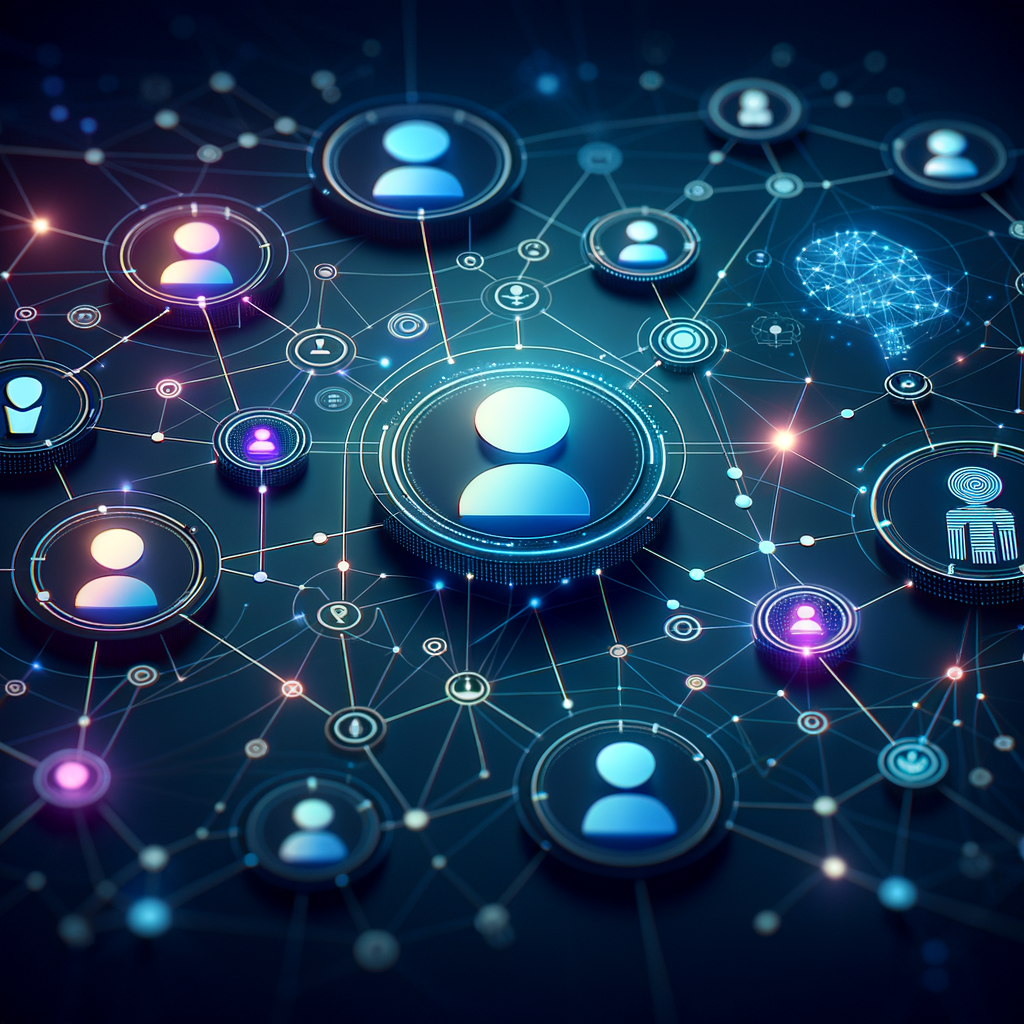 Rede digital ilustrando colaboração entre pessoas e inteligência artificial em tons de azul e roxo, simbolizando automação ética e responsabilidade empresarial