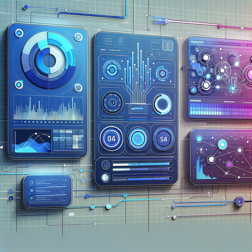 Dashboard digital com gráficos e fluxos interconectados em tons azuis e roxos, representando automação, monitoramento e otimização de processos inteligentes para empresas.