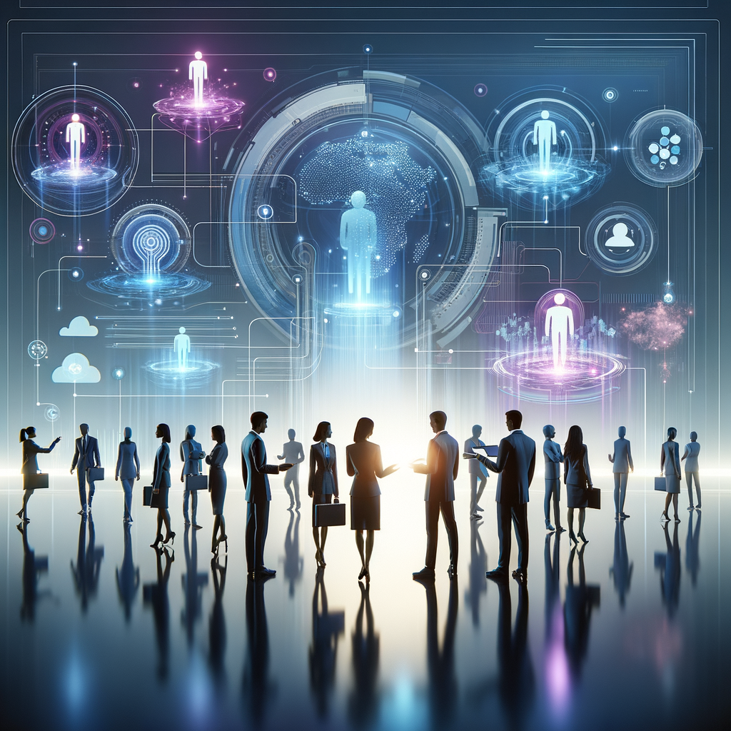 Equipe profissional interagindo com hologramas de agentes inteligentes e fluxos automatizados em ambiente digital futurista com iluminação azul e roxa, simbolizando colaboração e transformação digital.