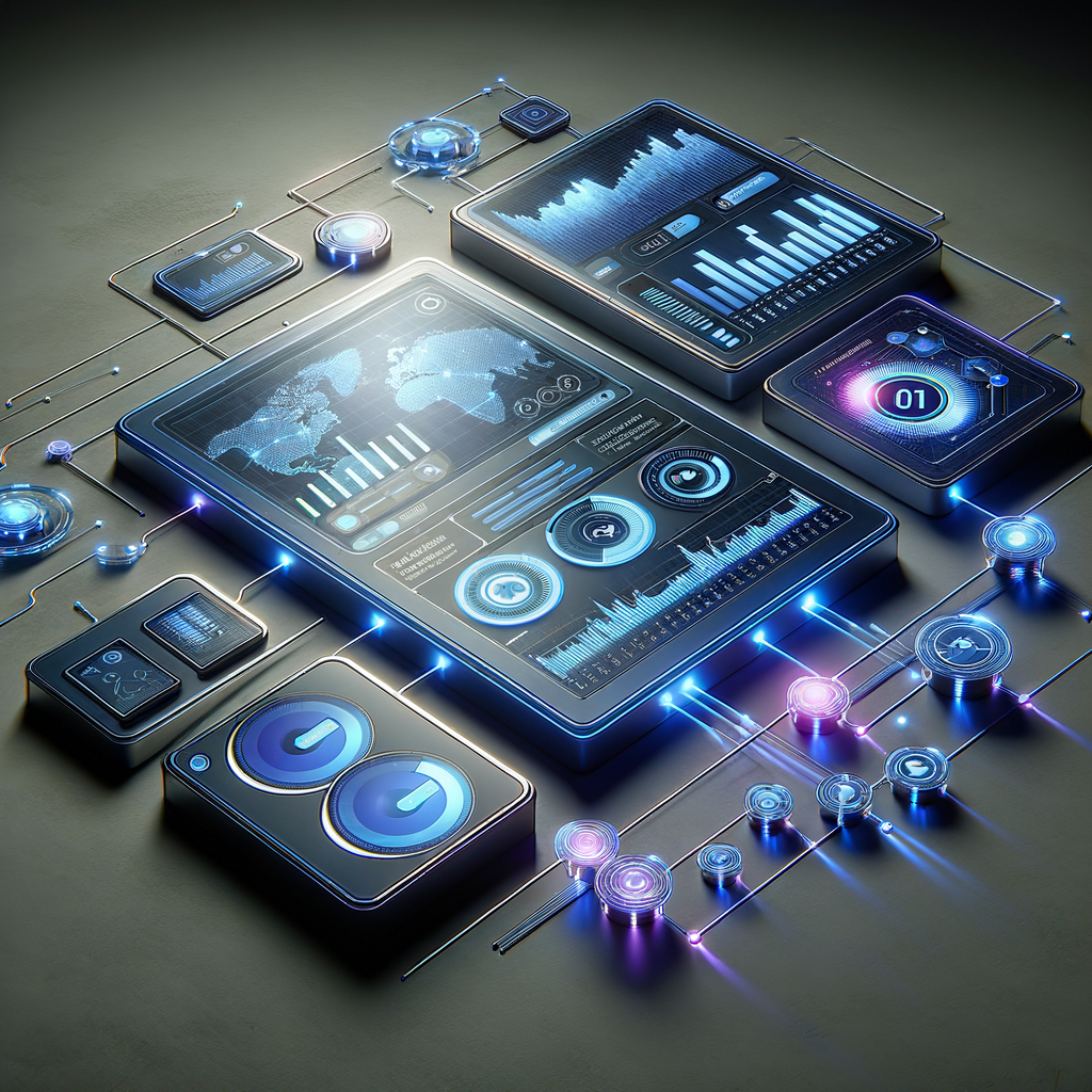 Dashboard tecnológico com gráficos e indicadores em azul e roxo ilustrando o monitoramento e ajuste de fluxos de automação para otimização de processos empresariais.