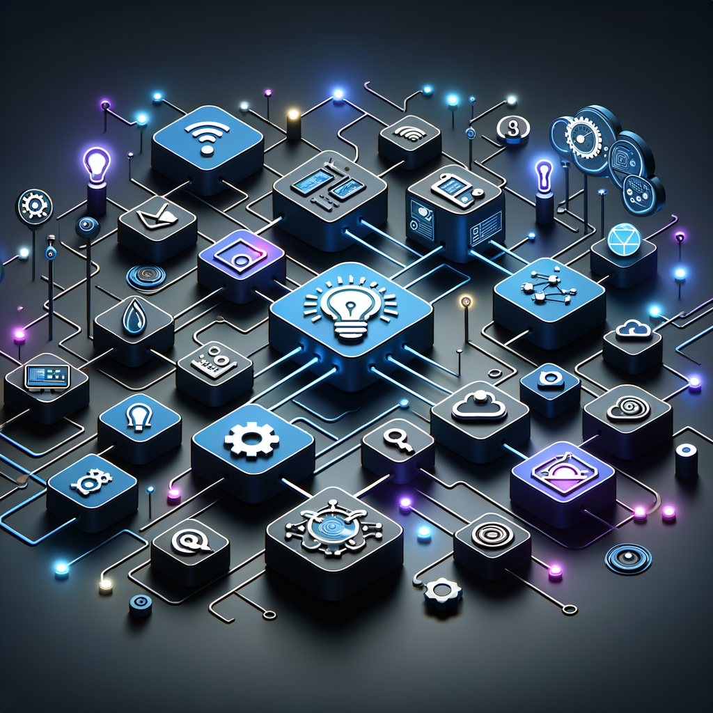 Rede digital integrada com ícones de ferramentas de automação e inteligência artificial conectados por linhas luminosas em tons frios, representando integrações e otimização de processos empresariais.