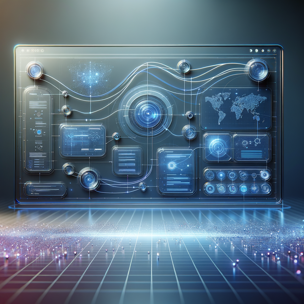 Dashboard digital com fluxos e módulos integrados visualmente, representando automação e controle em plataformas no-code e low-code, em ambiente moderno e tecnológico.